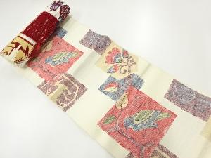 アンティーク　三幸織物製　手織り紬色紙に花鳥・動物模様織出し名古屋帯地反物